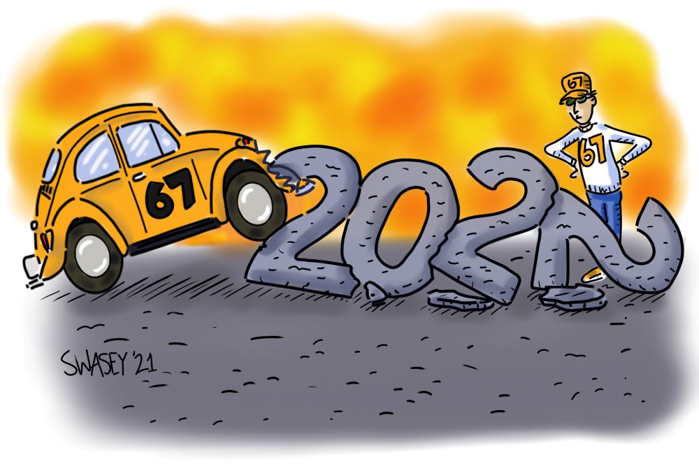 Cartoon: 67 VW running into 2022 stone wall