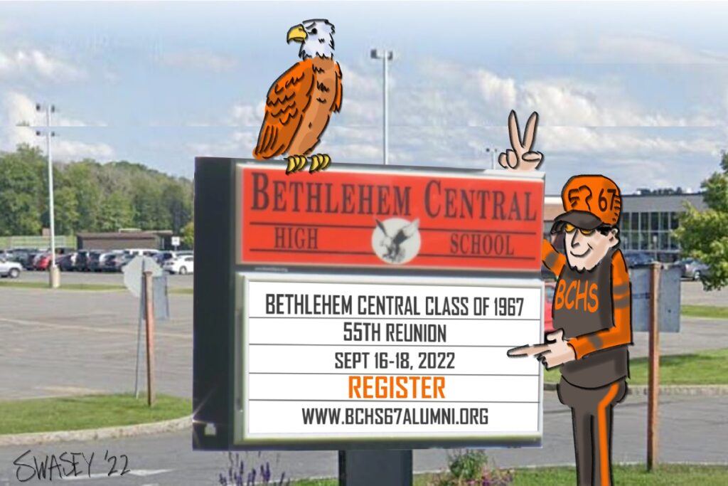 cartoon of BC67 alumni at HS sign with reunion info